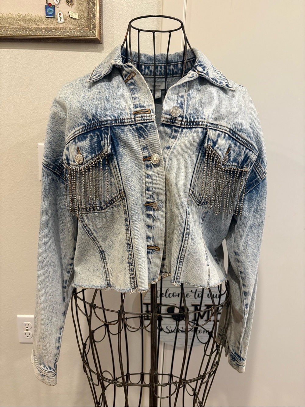 Forever 21 Light Wash Acid Wash Denim Jacket with Rhinestone Fringe